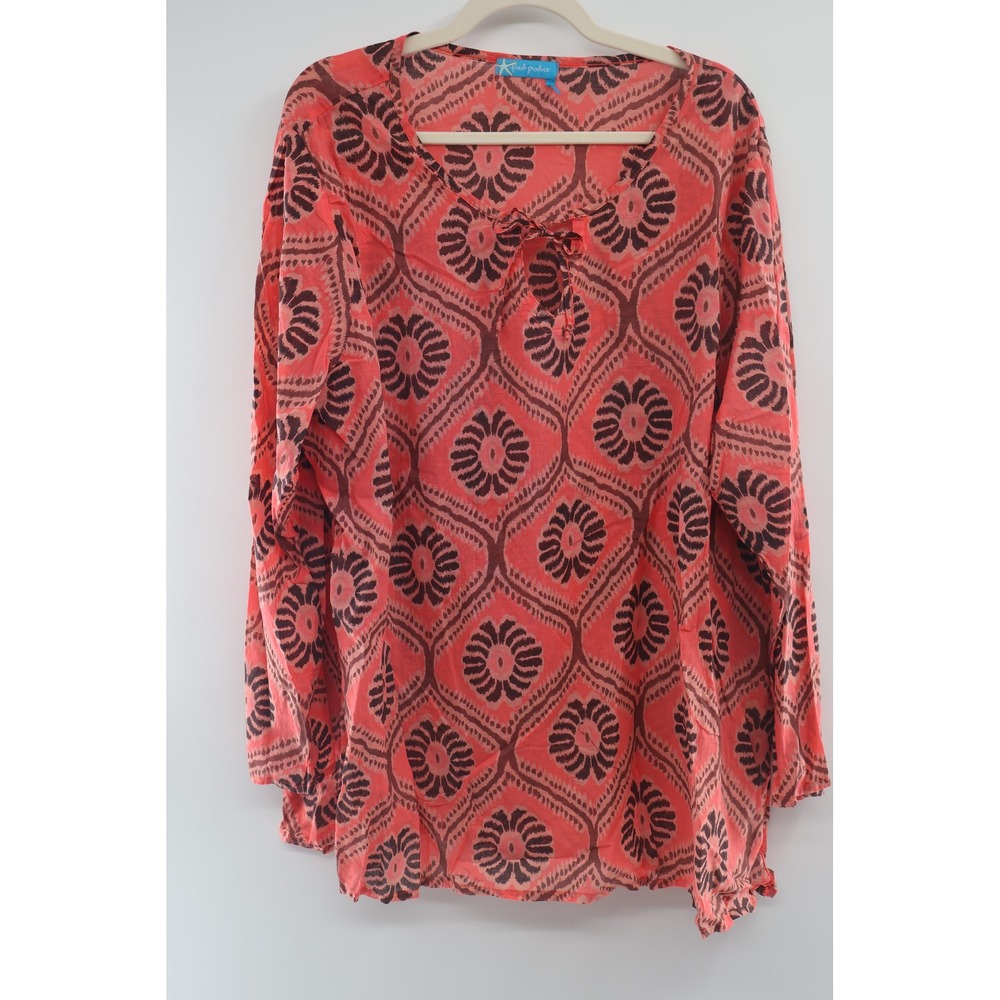 Fresh Produce 3X Coral Floral Cotton Tunic Top Made USA Boho Blouse